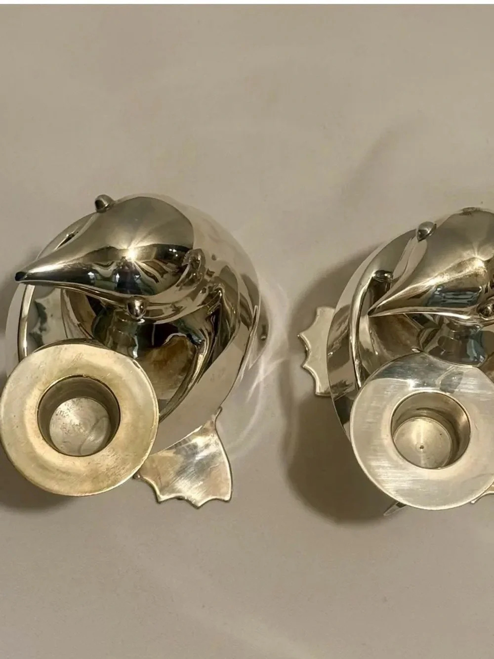 Restoration Hardware Silver Plated Penguin Taper Candle Holders Pair EUC